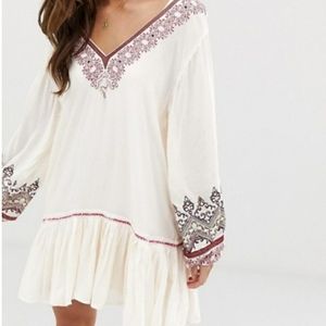 Free People Cream and Burgundy Embroidered Dress